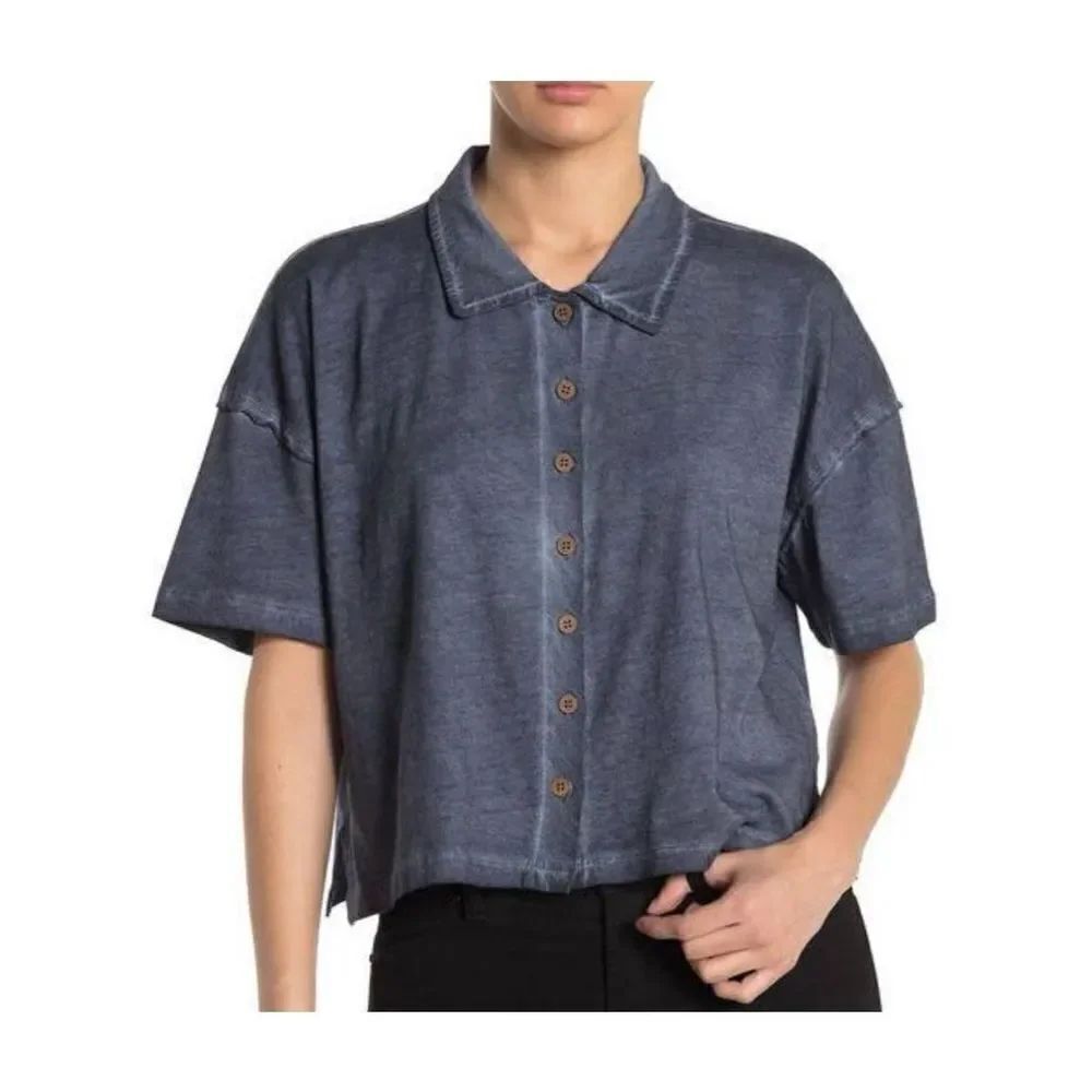 NWT Womens Free People Weekend Rush Button Down Soft Knit Cropped Top Shirt Sz M